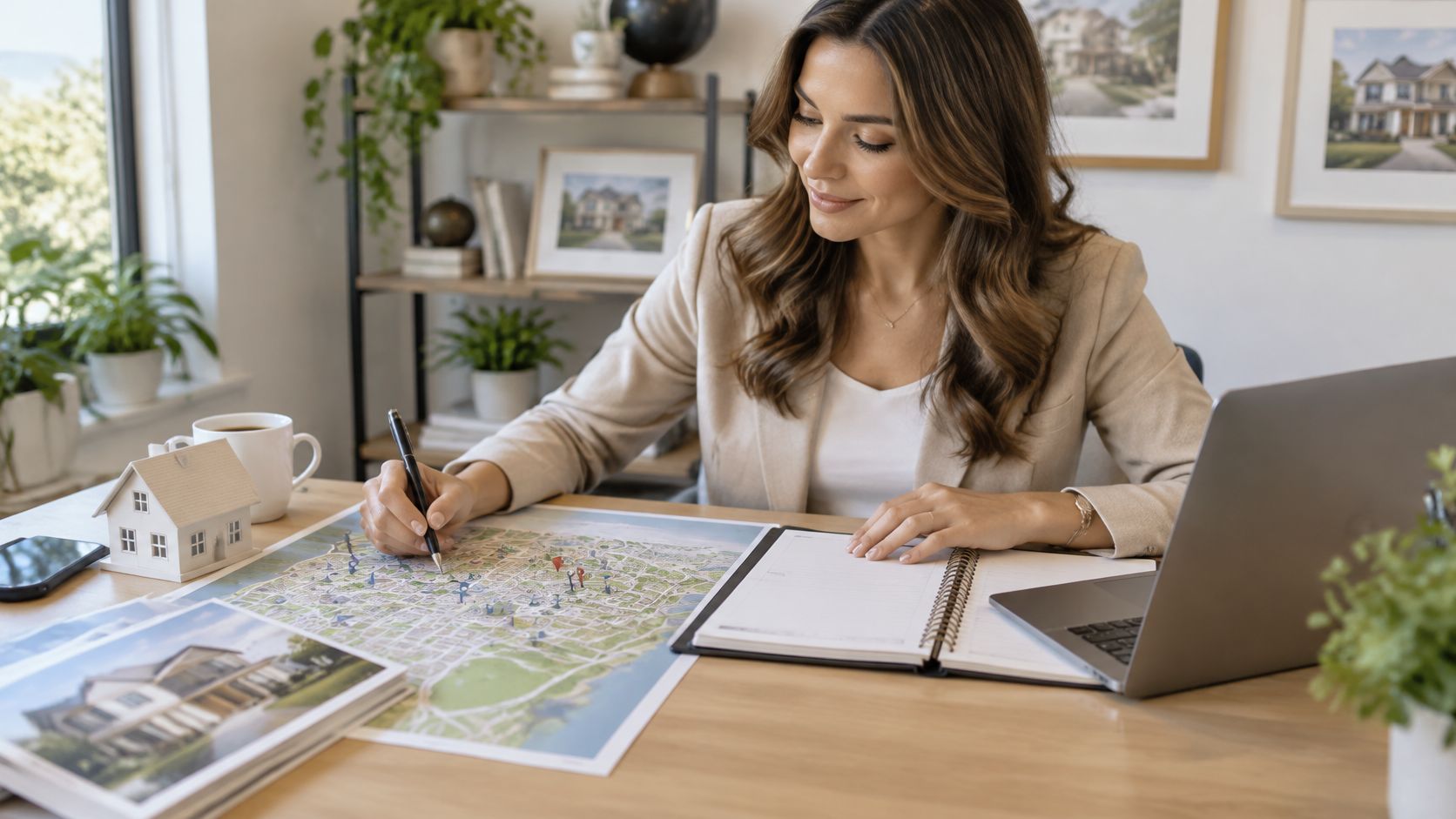 A professional real estate agent reviewing a map with markers while working at her home office desk.