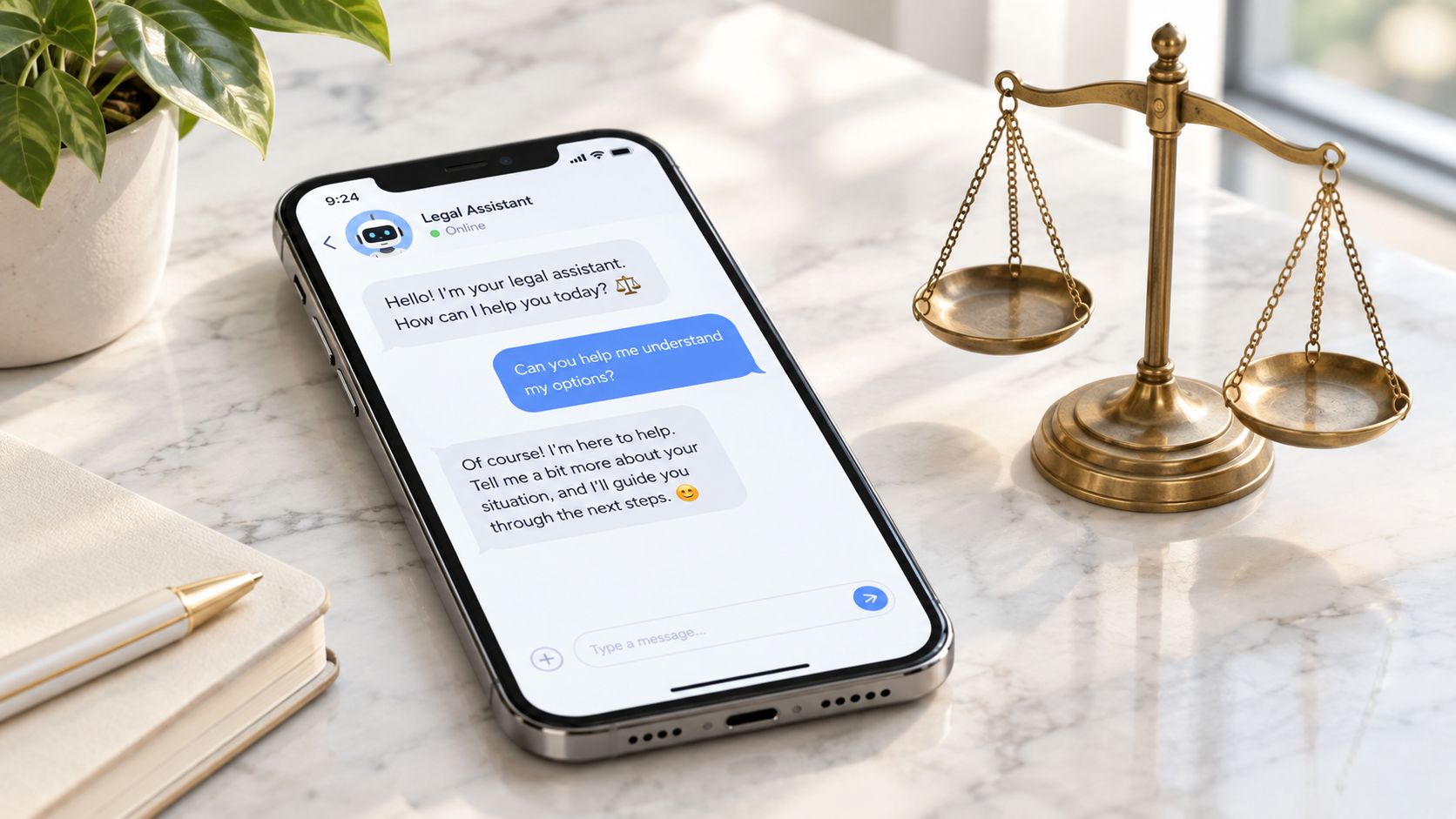 A smartphone screen displaying a legal assistant chatbot app next to a golden scales of justice statue.