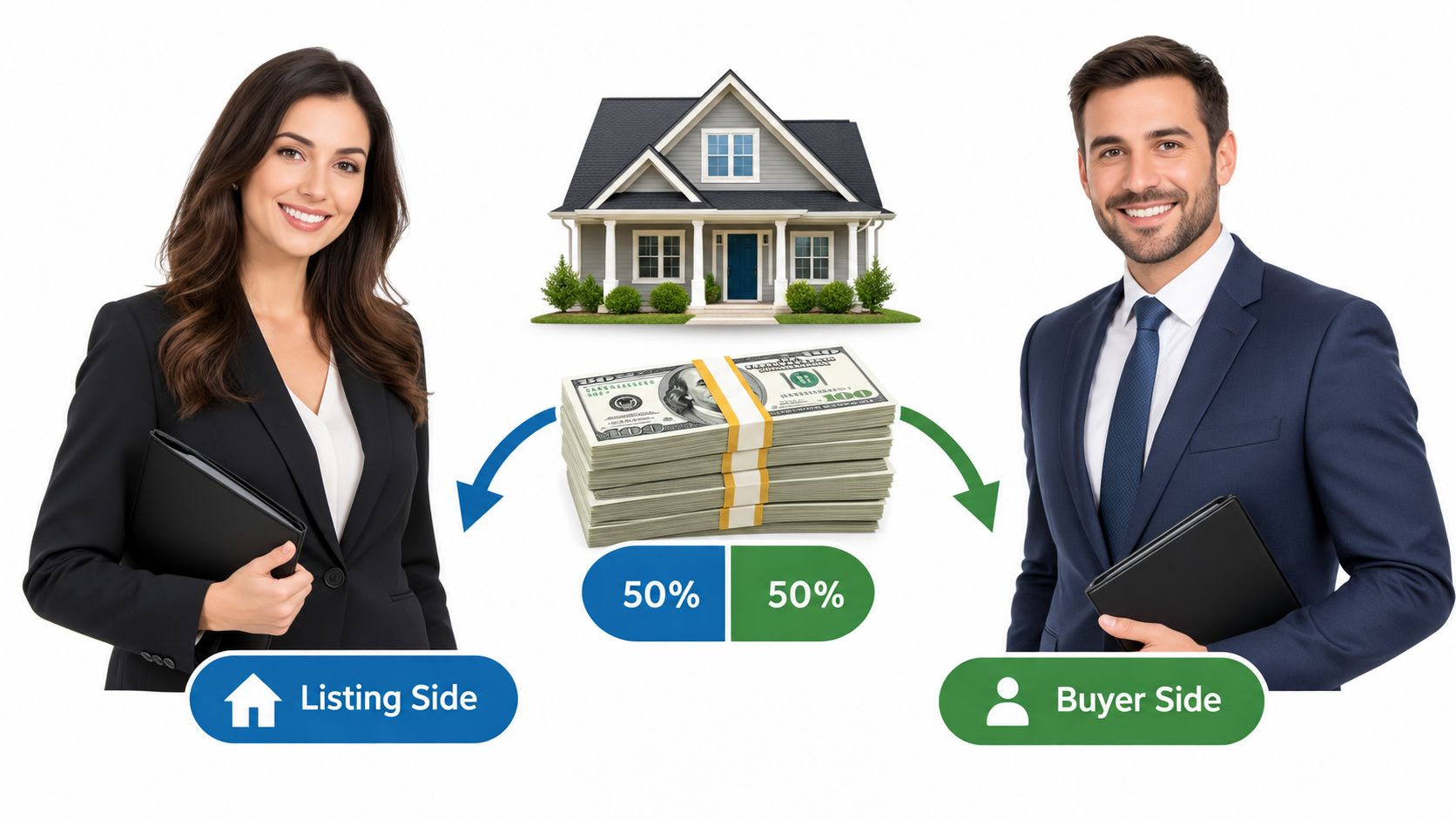 A professional real estate listing agent and buyer agent splitting a commission payment for a home sale.