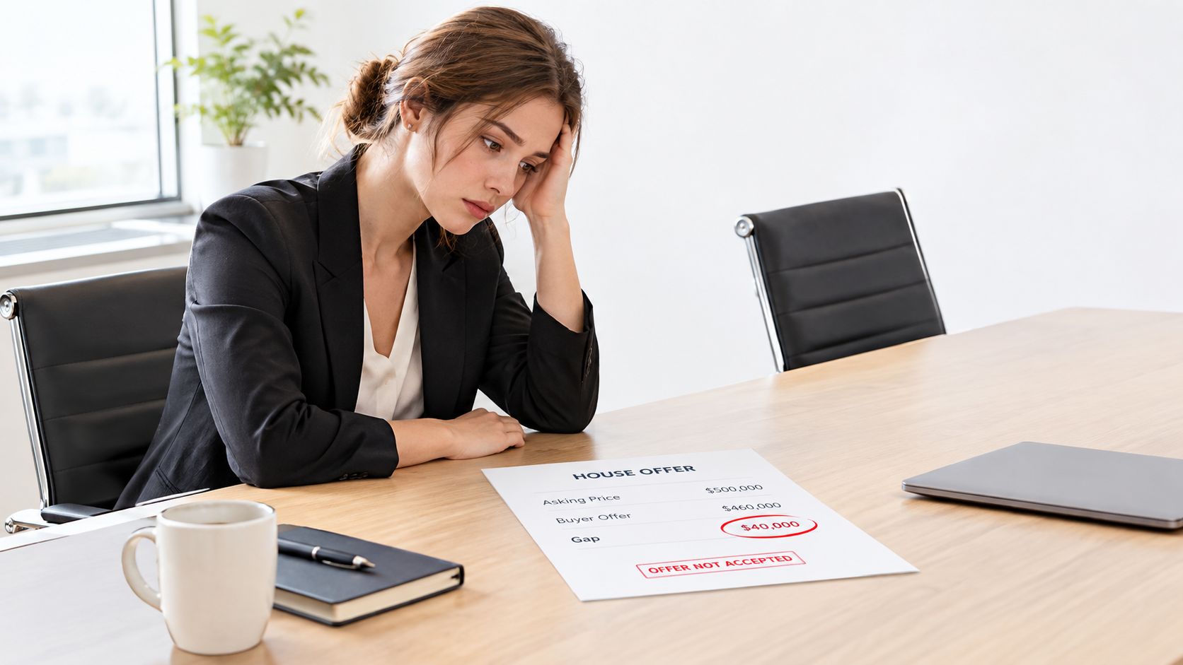A stressed woman sitting at a desk with a rejected house offer document showing a price gap.