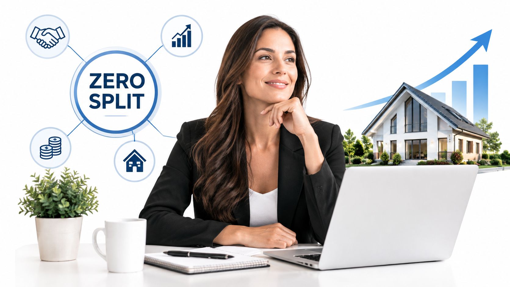 A professional woman sitting at a desk with a laptop, reflecting on real estate commission rebate opportunities.