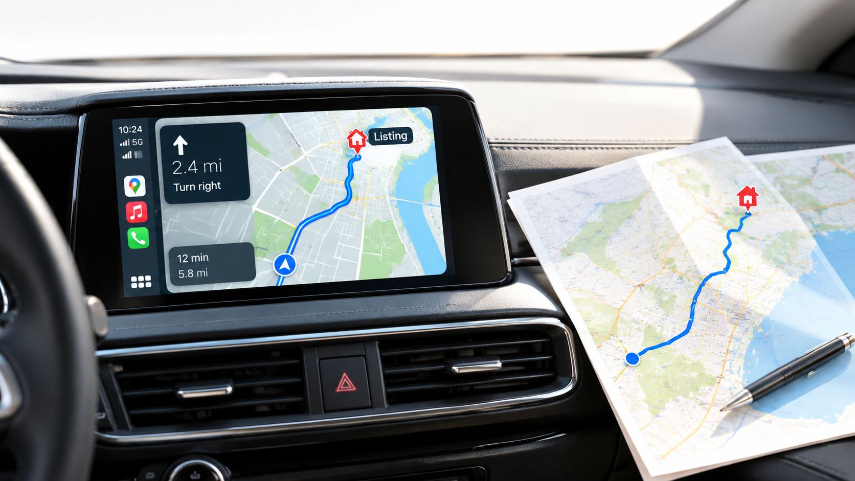 A car navigation system screen showing a route to a listing destination beside a printed paper map.
