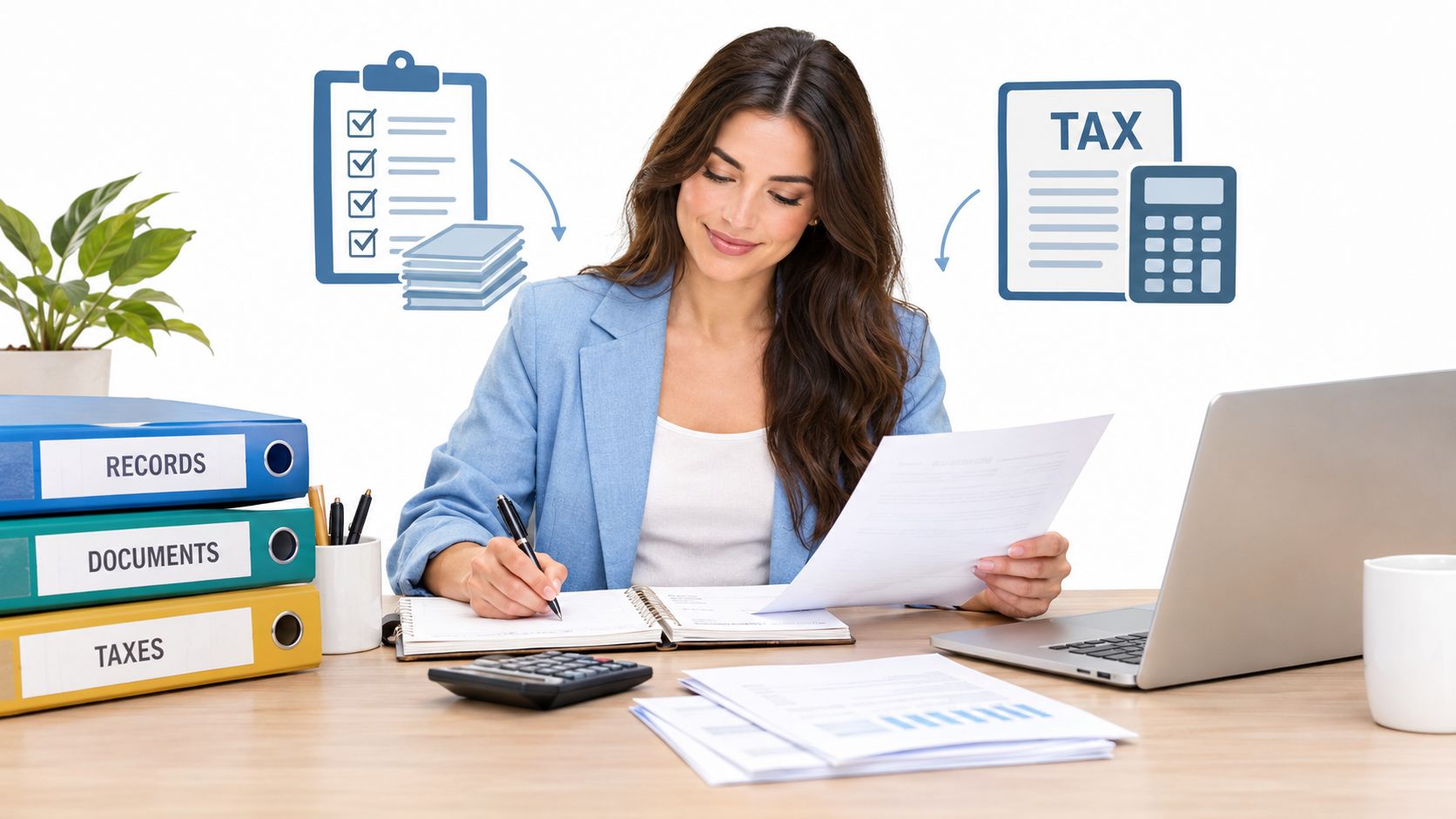 A professional woman in a blue blazer works at a desk organizing financial documents and tax forms.