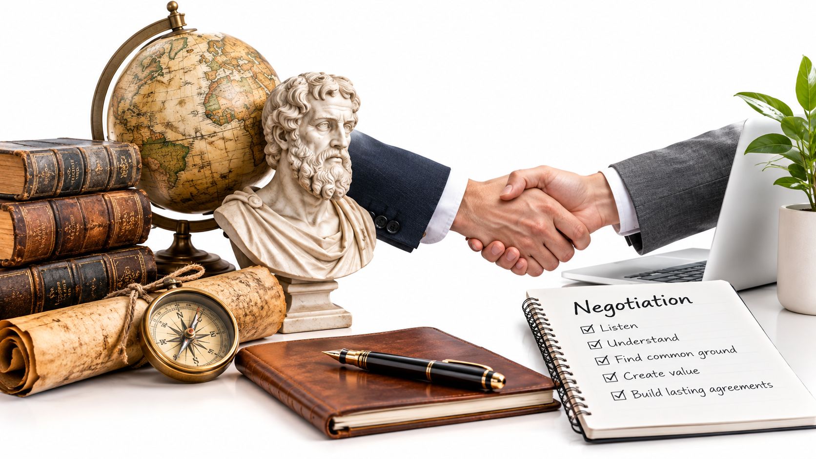 A professional handshake over a desk with a globe, statue, and a notebook labeled with negotiation steps.