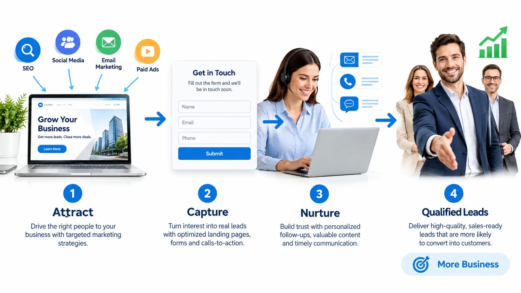 A diagram illustrating the four-step lead generation process from attracting visitors to converting qualified sales leads.