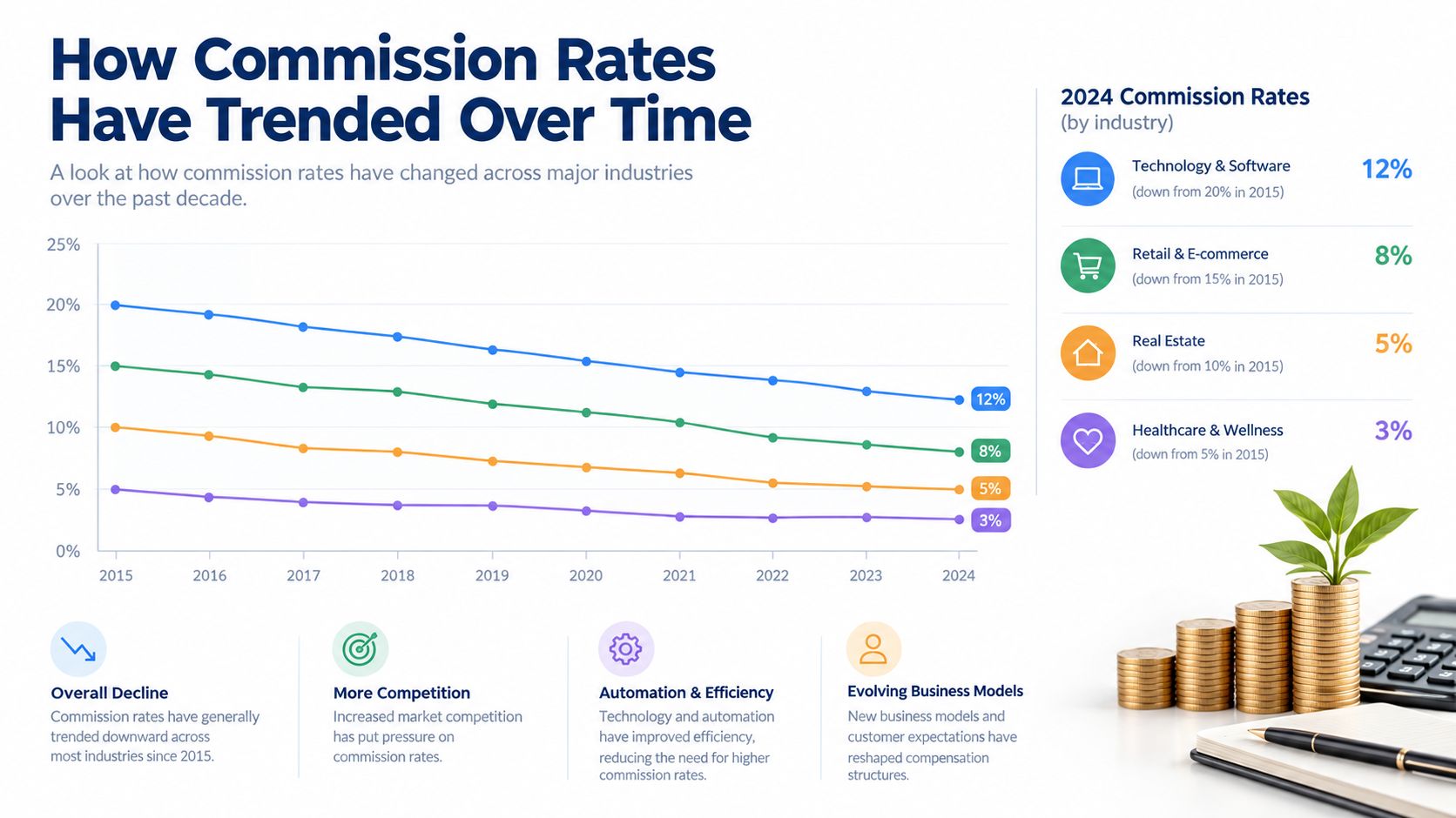 A line chart showing the downward trend of commission rates across various major industries from 2015 to 2024.