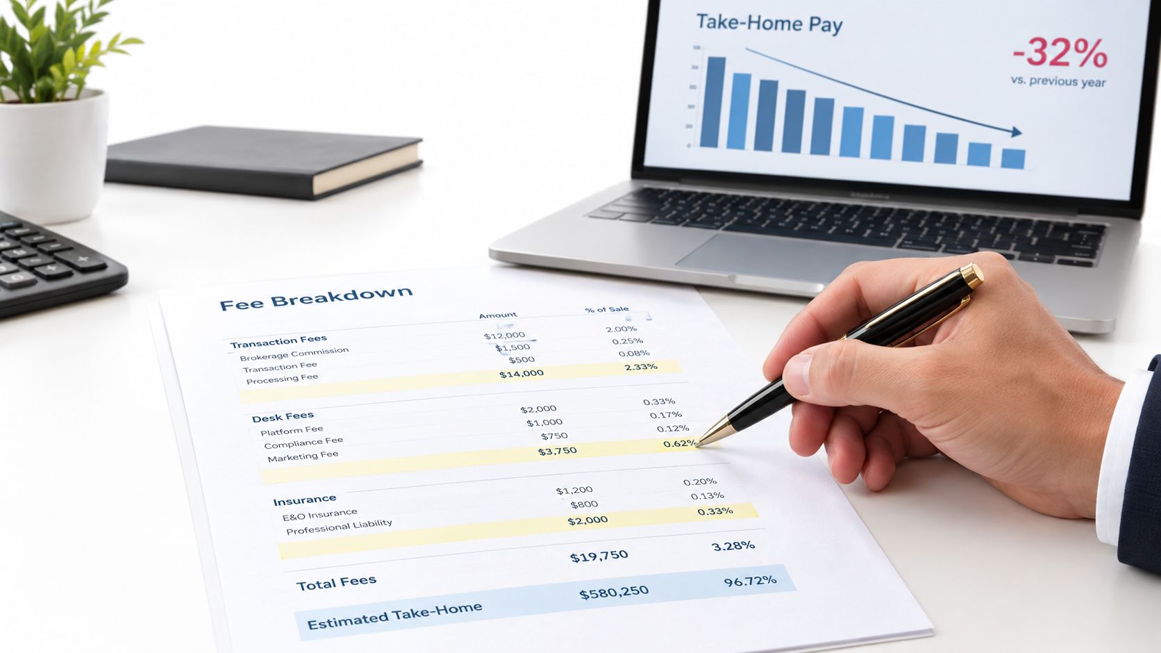 A person reviewing a detailed fee breakdown document next to a laptop displaying financial chart data.