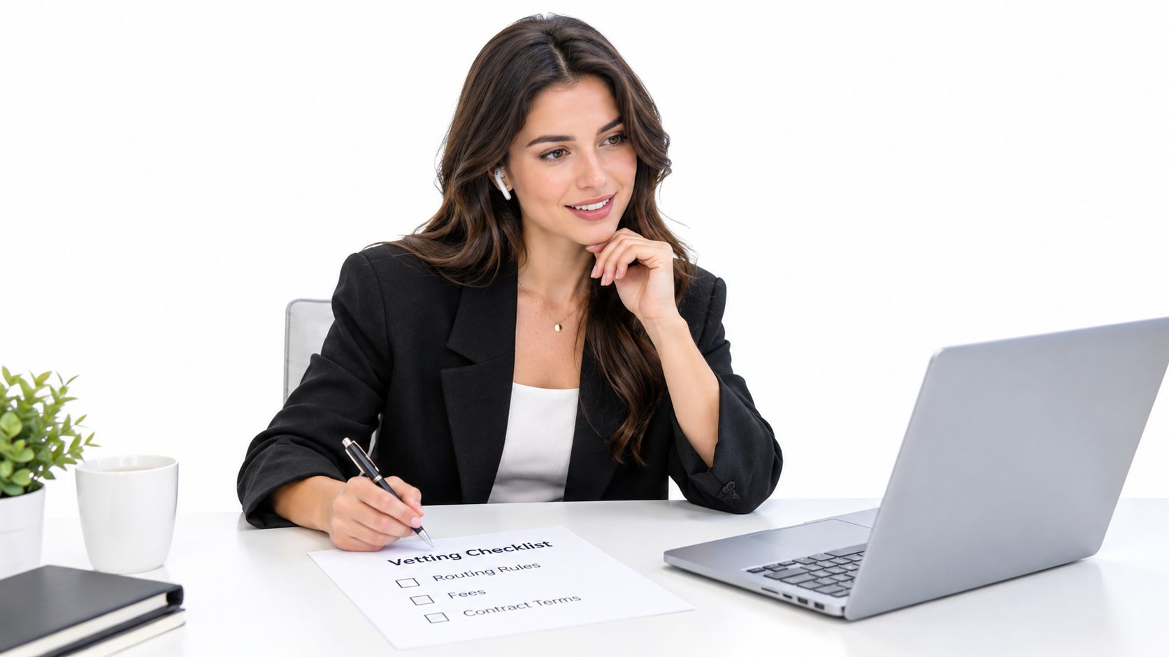 A professional woman working at her desk while reviewing a vetting checklist for real estate documents.