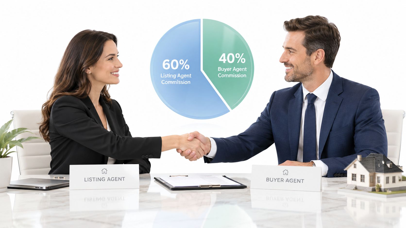 A real estate listing agent and buyer agent shaking hands over a commission split pie chart.