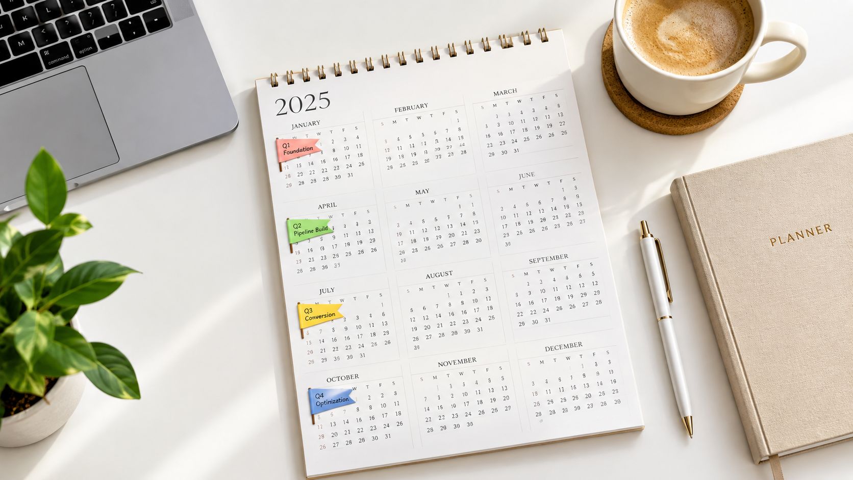 A flatlay view of a professional desk with a 2025 calendar marked with quarterly business planning goals.