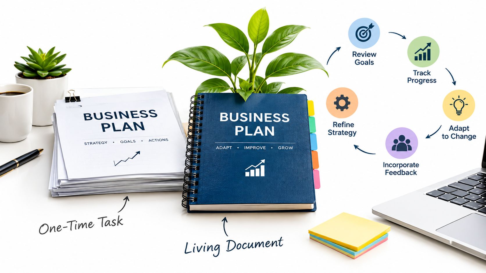 A conceptual desk setup comparing a static one-time business plan document with a dynamic living business plan.