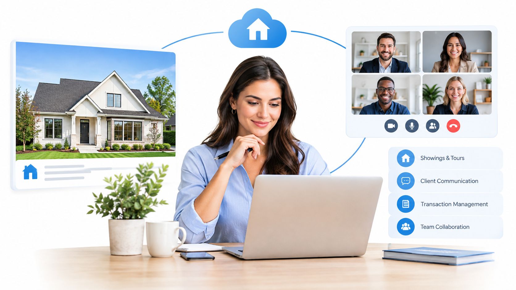 A professional real estate agent working on a laptop while coordinating virtual home tours and team communication.
