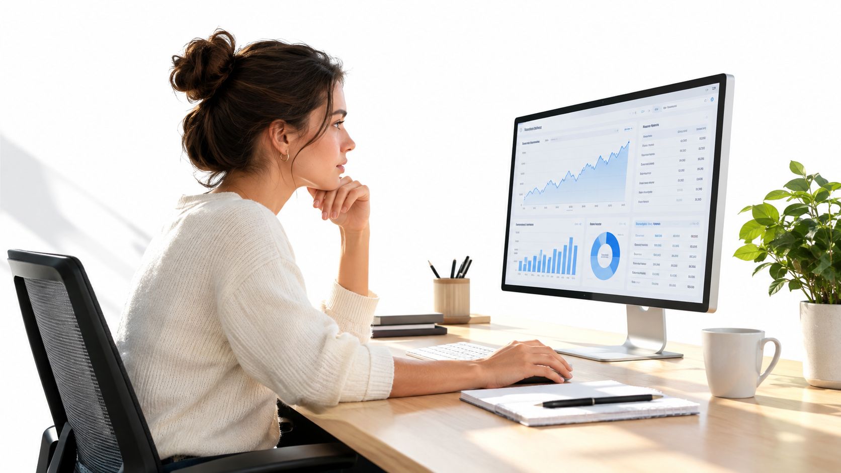 A professional woman analyzing business data and financial charts on her computer monitor in a bright office.