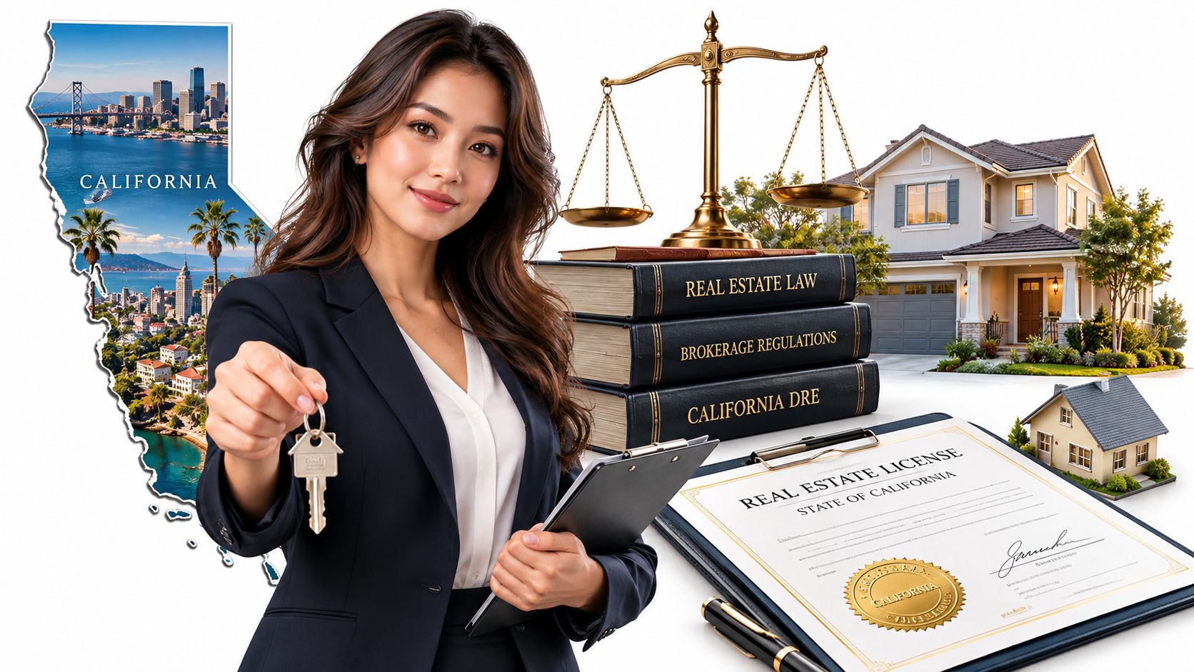 A professional real estate agent holding keys with California imagery, law books, and a license certificate.