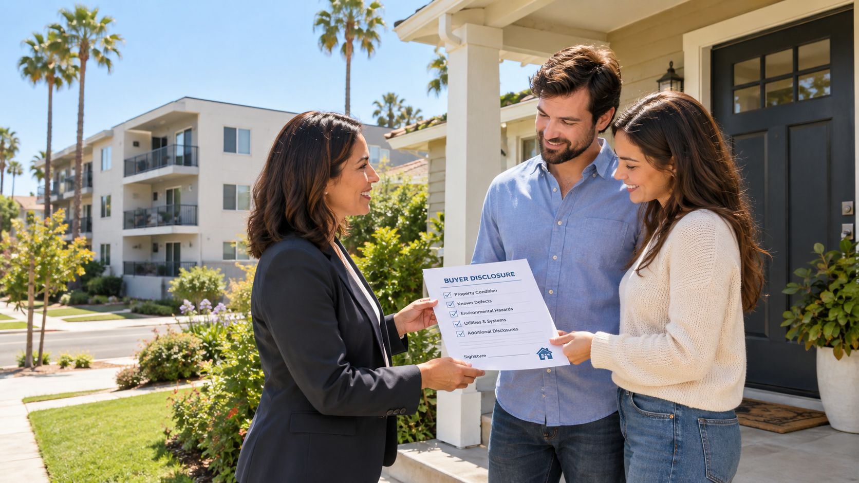A real estate agent presenting a buyer disclosure document to a happy young couple outside a house.