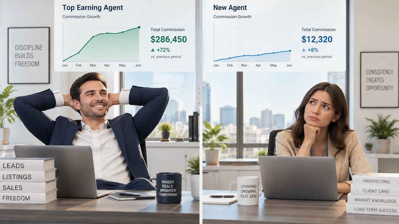 A split-screen comparison of a successful, relaxed real estate agent and a stressed, learning new agent.