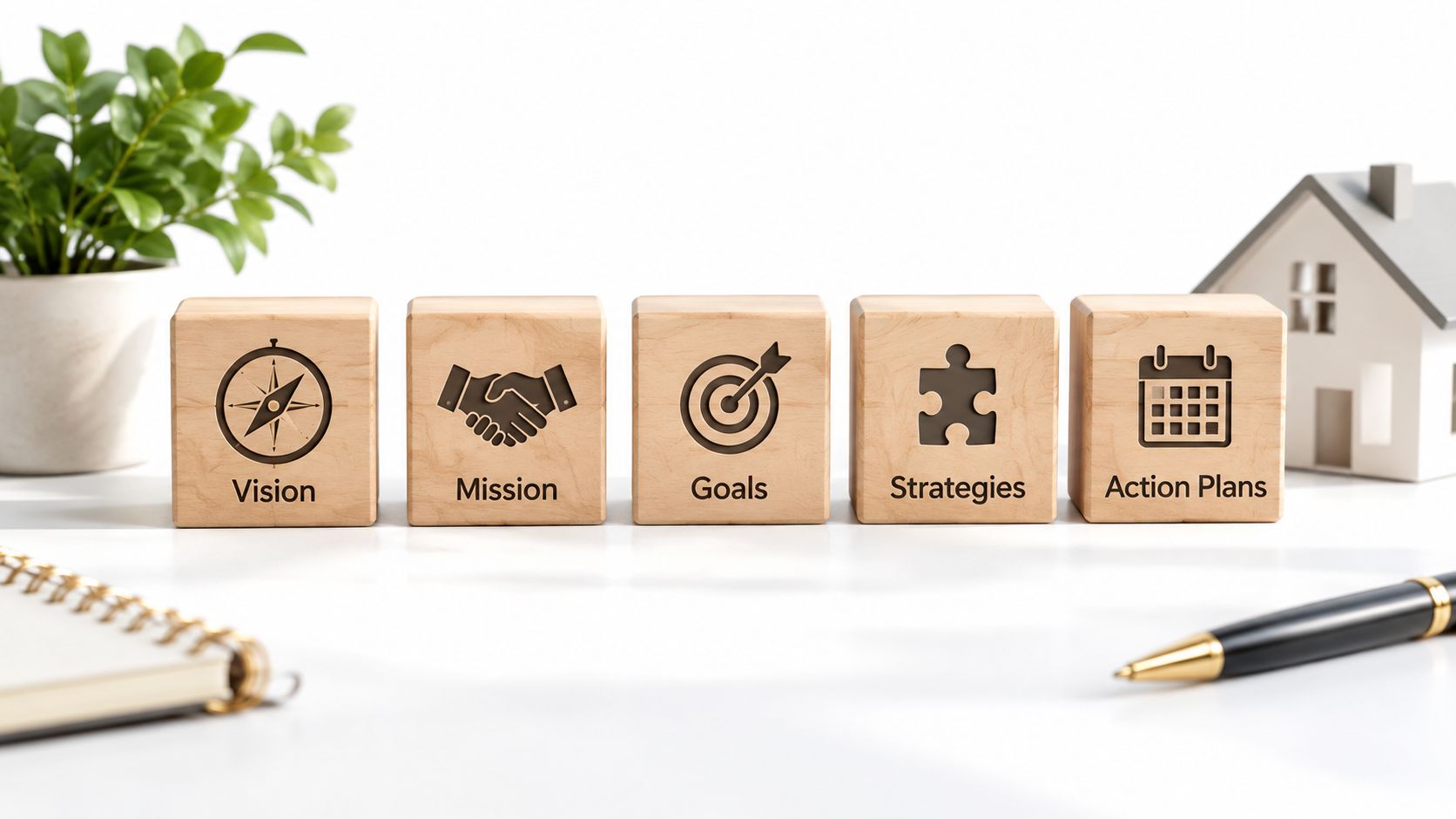Wooden blocks on a white desk illustrating the stages of strategic planning with icons and text.