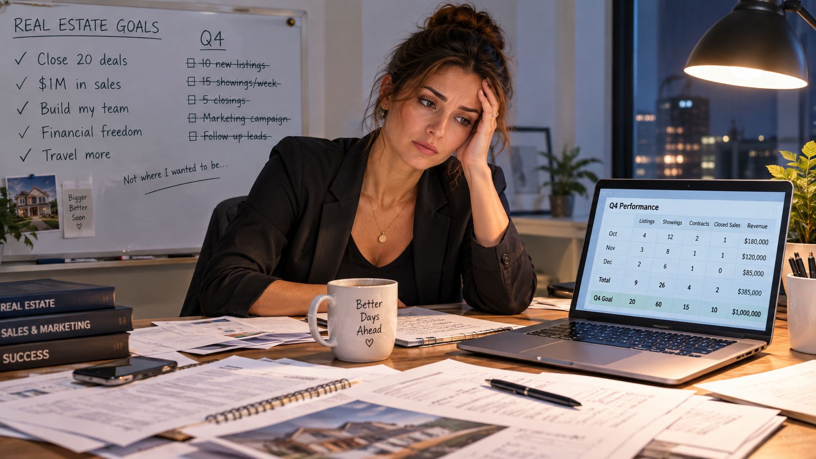 A stressed real estate agent sits at a cluttered desk reviewing performance goals and lagging quarterly results.