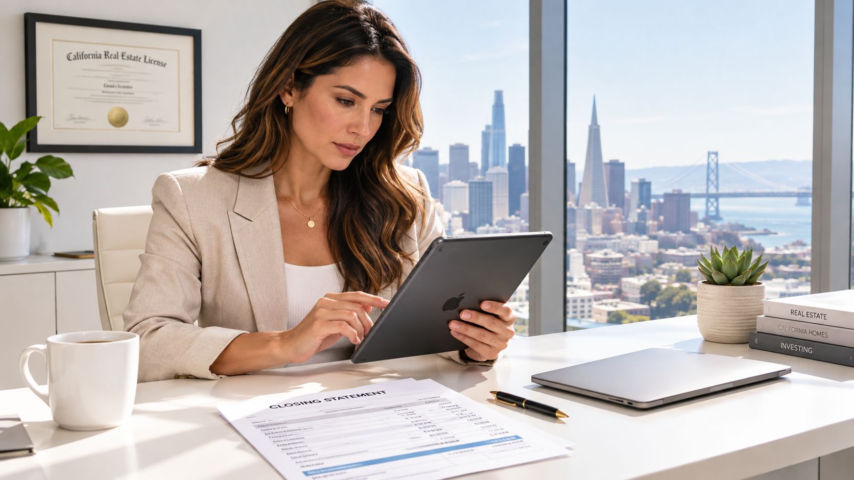A professional real estate agent reviewing closing statement documents on a tablet in a high-rise office.