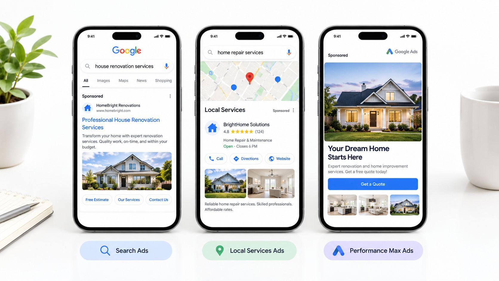 Three smartphones displaying various Google Ads formats for house renovation services, including Search, Local Services, and Performance Max ads.