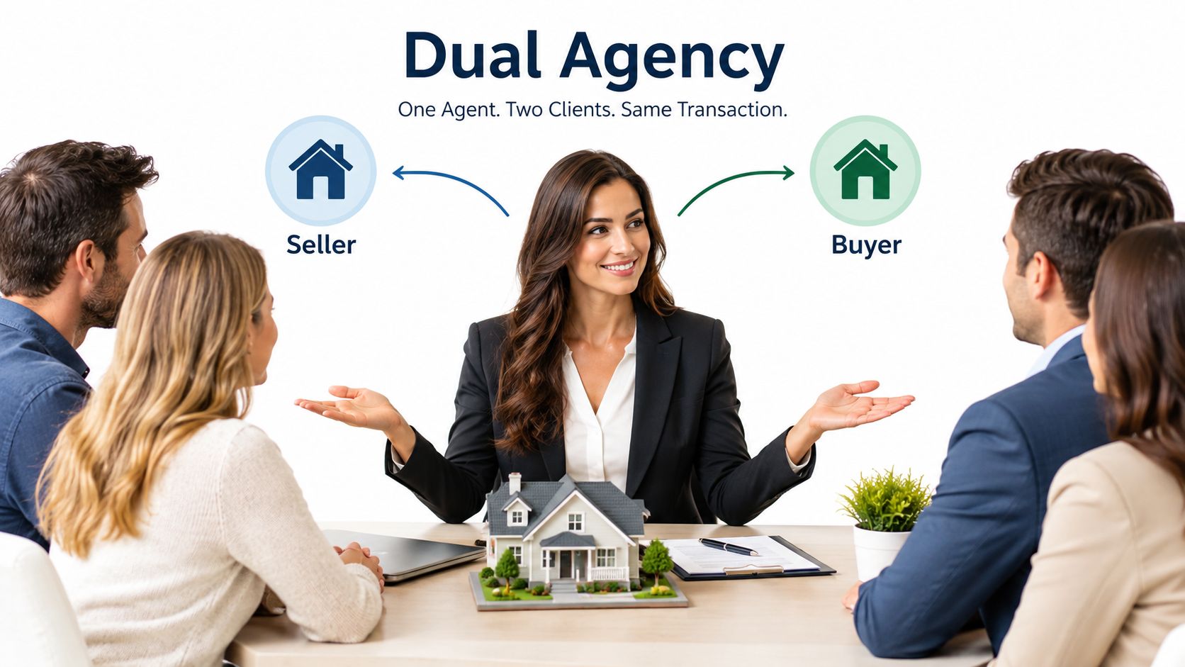 A real estate agent sits at a desk explaining dual agency to a buyer and a seller.