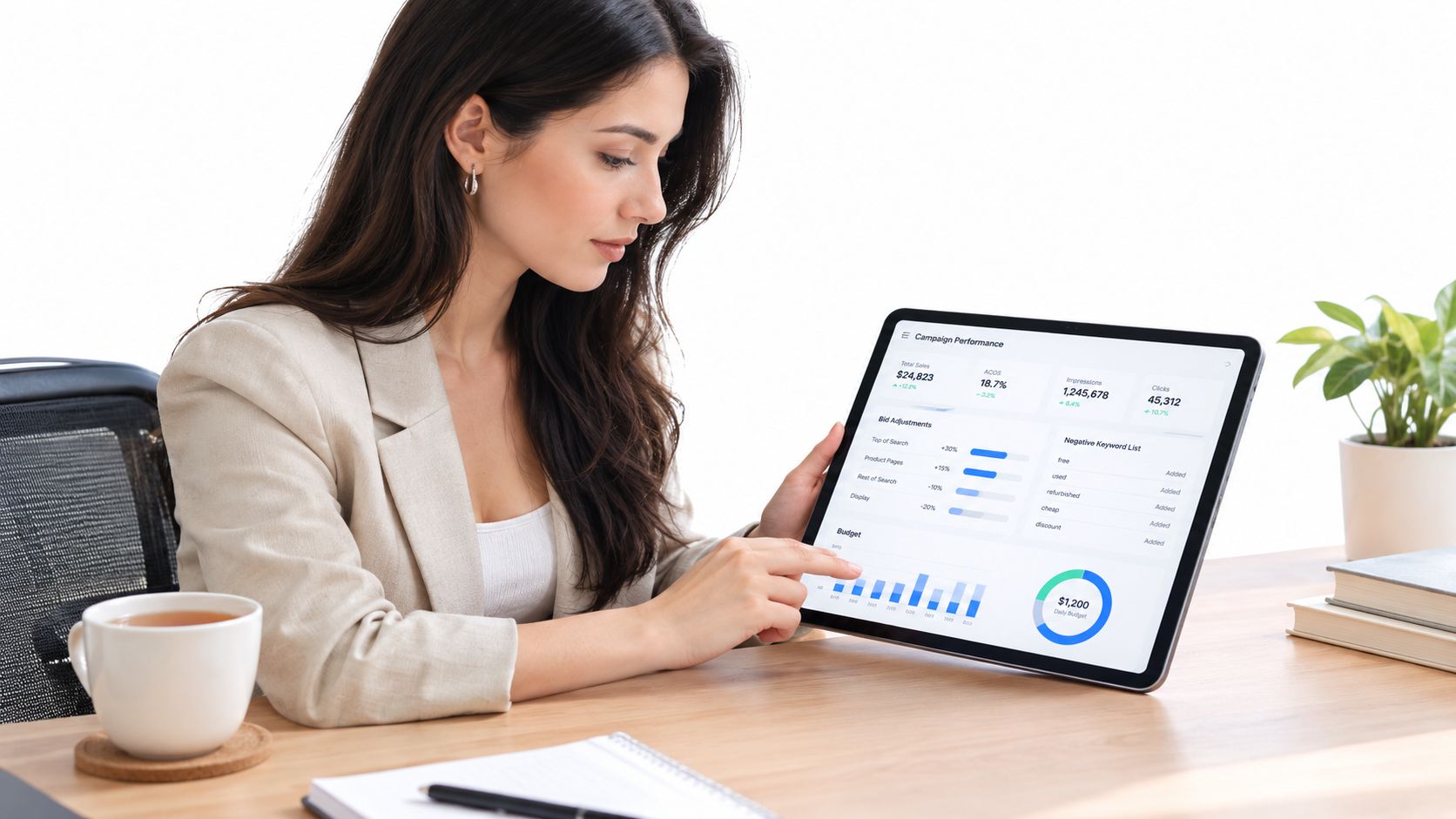 A professional woman in a blazer reviewing campaign performance data on a tablet in an office setting.