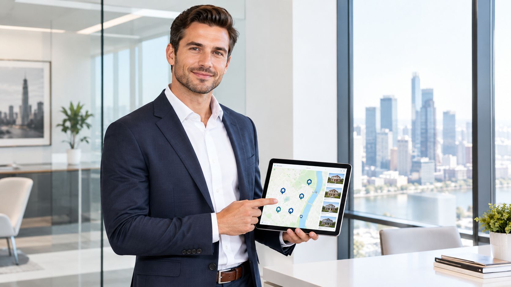A professional real estate agent standing in an office holding a digital tablet displaying property listings.