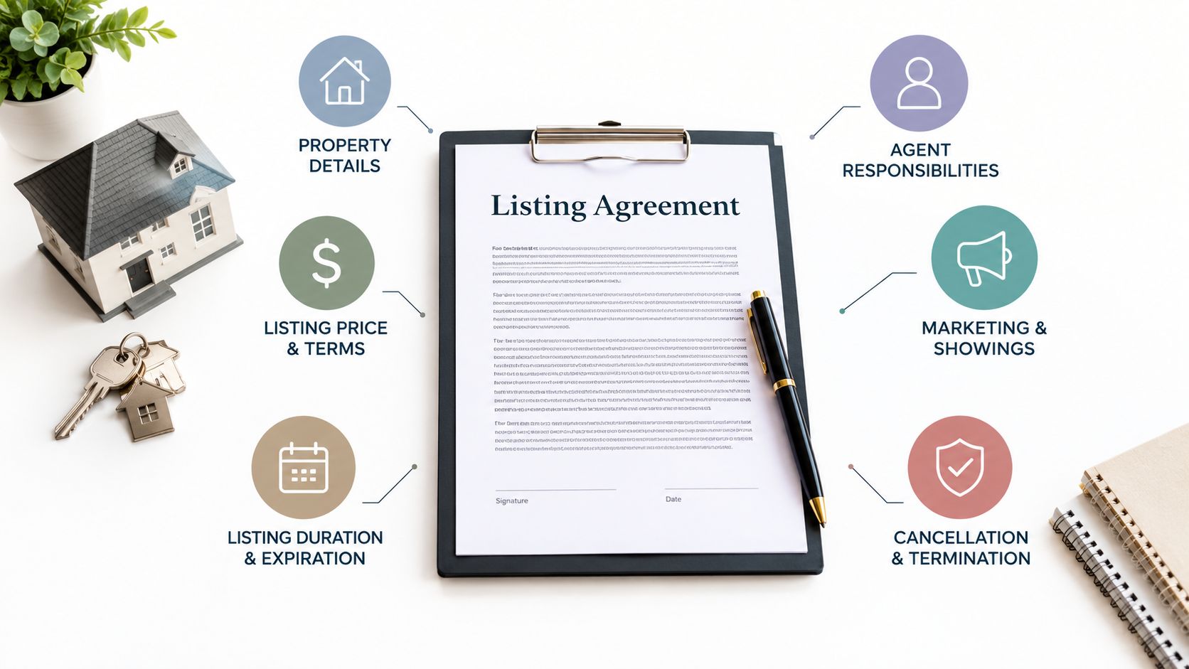 A professional listing agreement document on a clipboard surrounded by real estate symbols like keys and a house model.