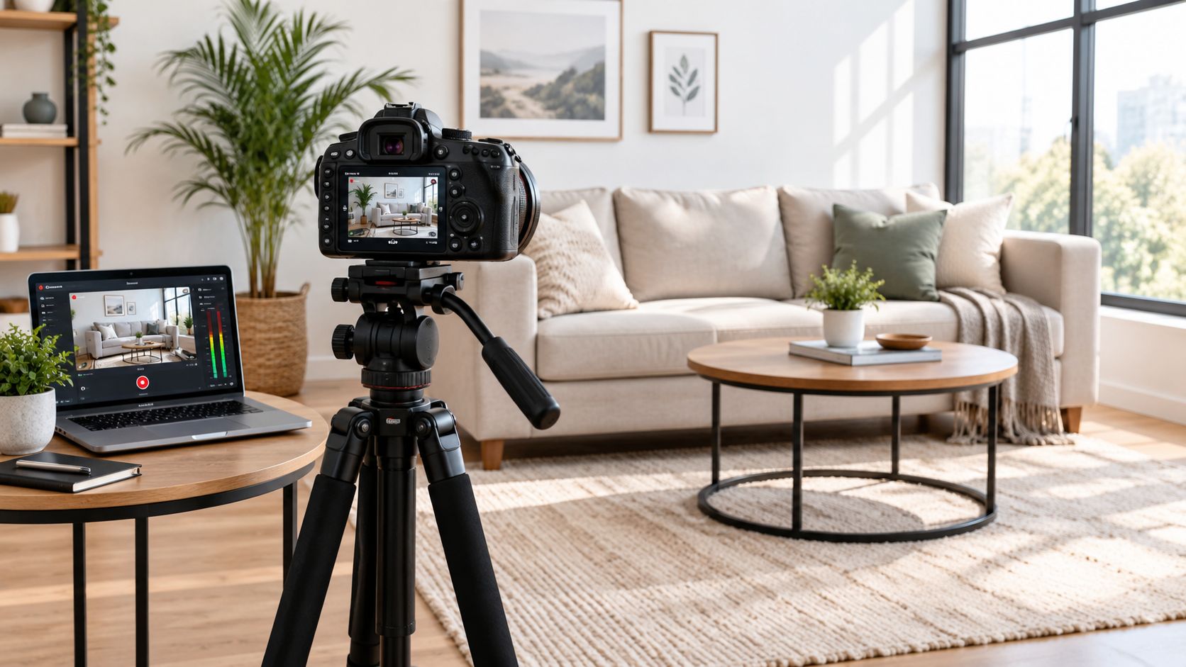 A professional camera on a tripod recording a modern living room setup for content creation.