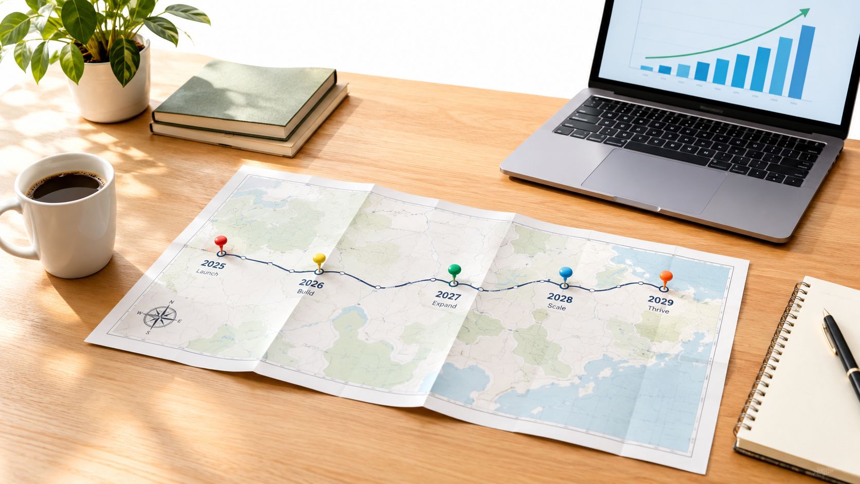 An overhead view of a desk featuring a strategic business roadmap on a map with markers.