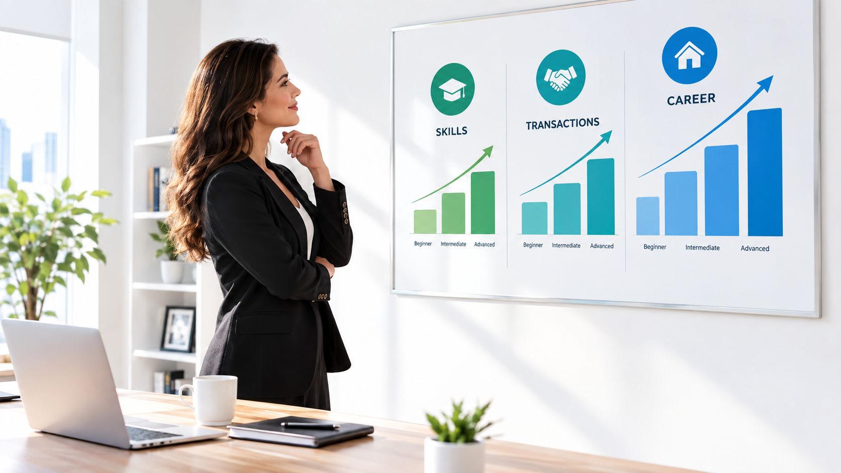 A businesswoman in an office looking at a whiteboard showing growth charts for skills, transactions, and career.