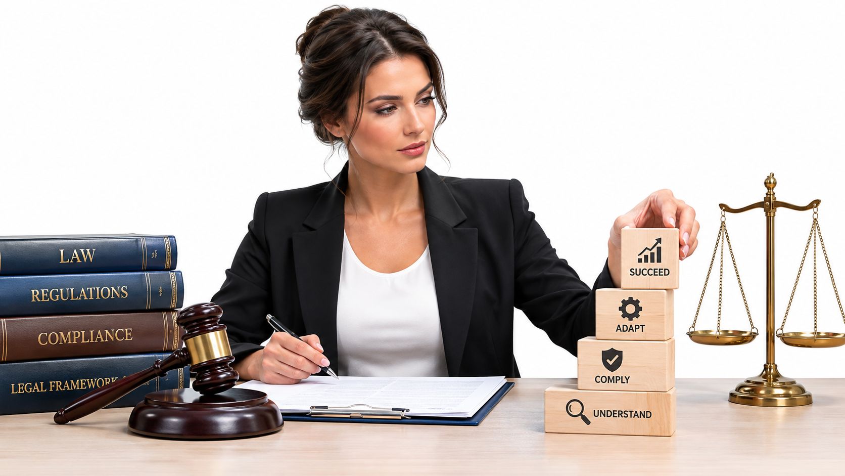 A professional woman at a desk with law books, a gavel, and stacked blocks labeled with legal success concepts.