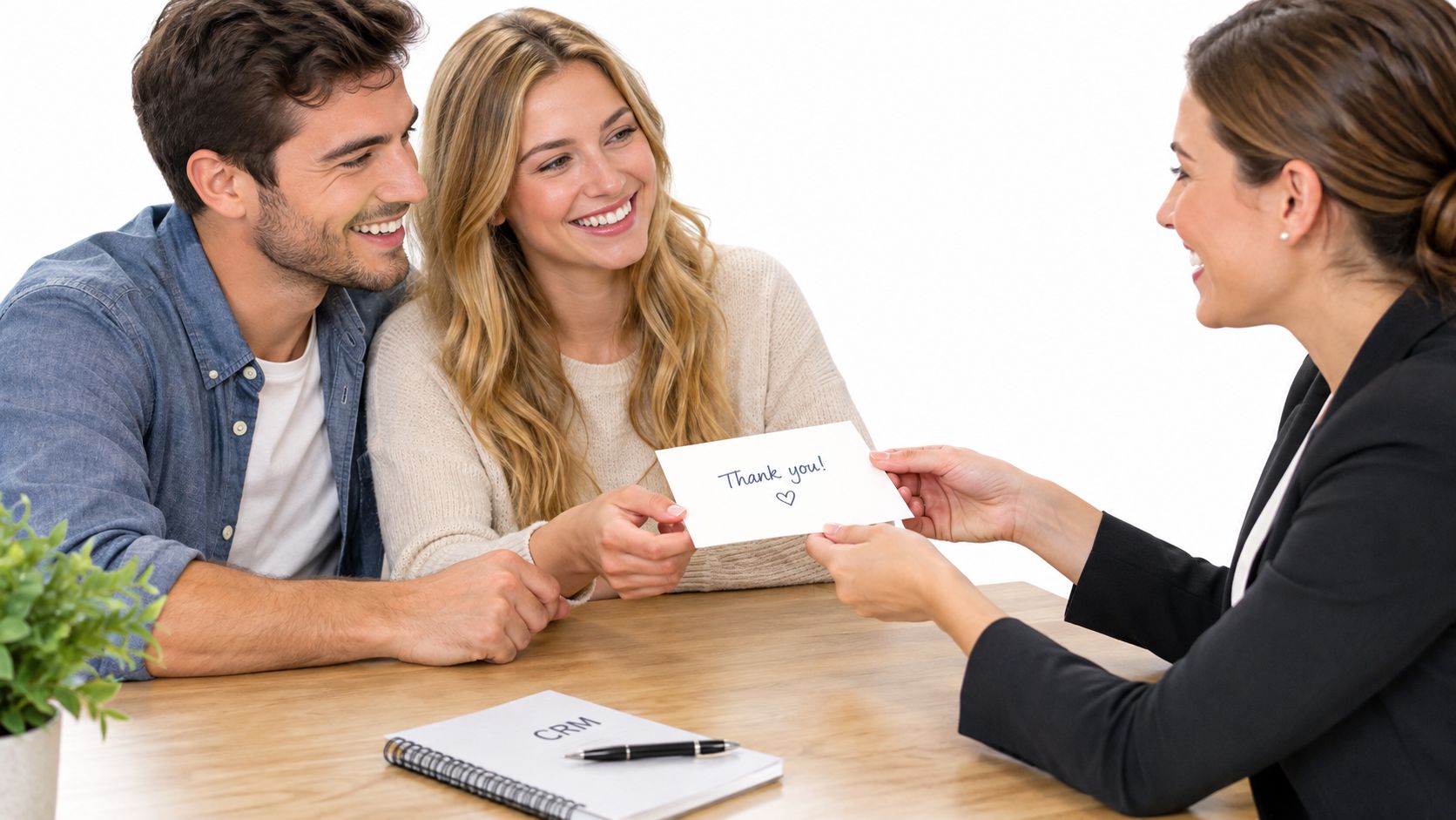 A professional woman hands a thank you card to a happy young couple during a meeting.