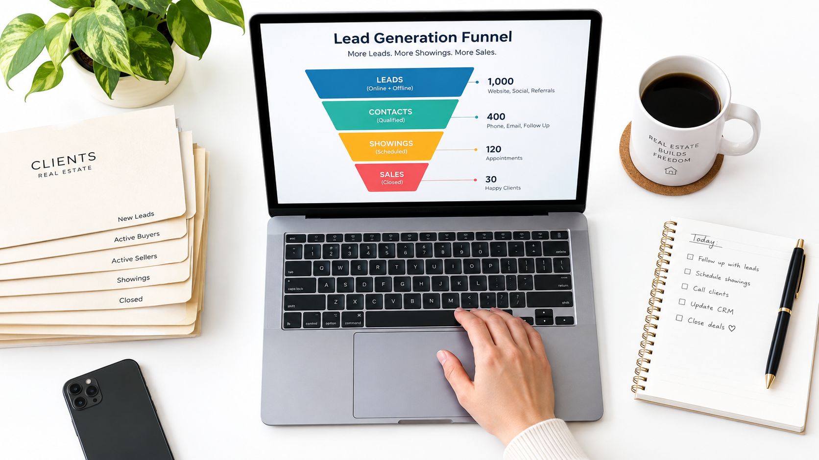A professional desk setup featuring a laptop displaying a lead generation funnel for real estate agents.