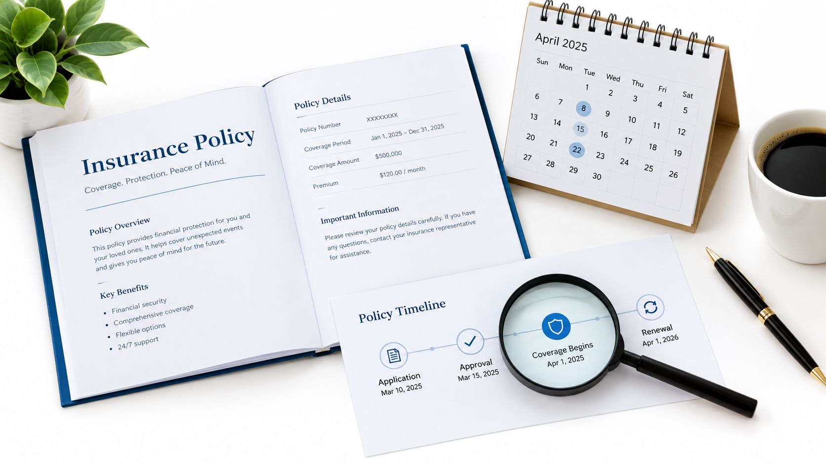 An insurance policy document open on a desk next to a calendar, a magnifying glass, and coffee.