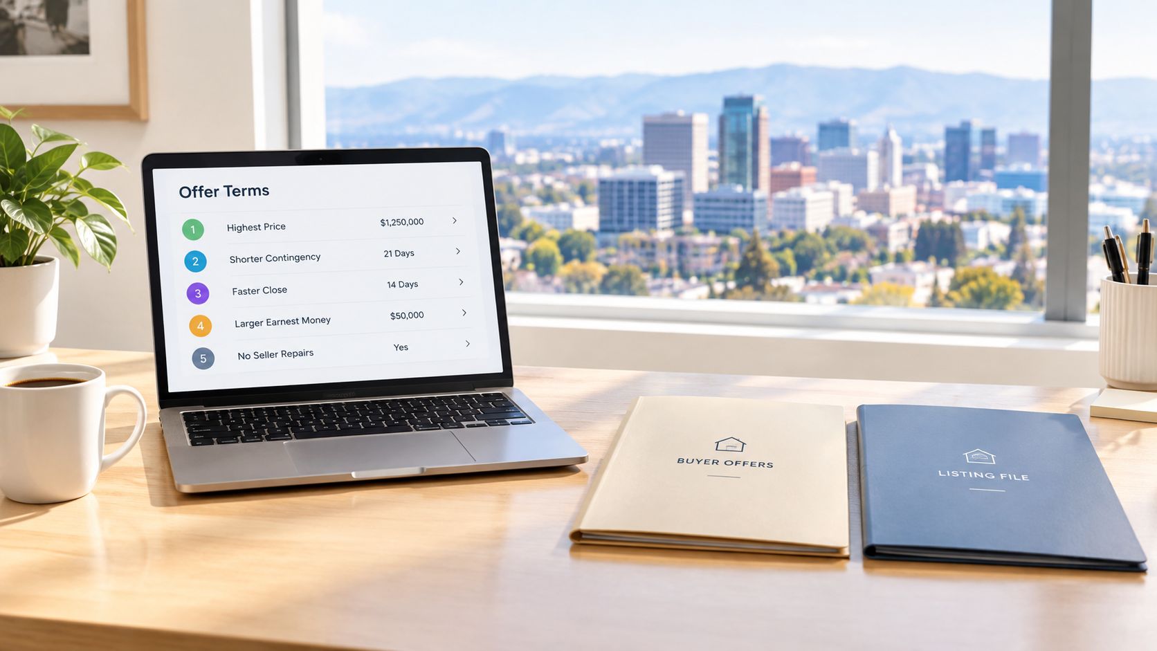 A modern office desk setup with a laptop showing real estate offer terms and professional folders.