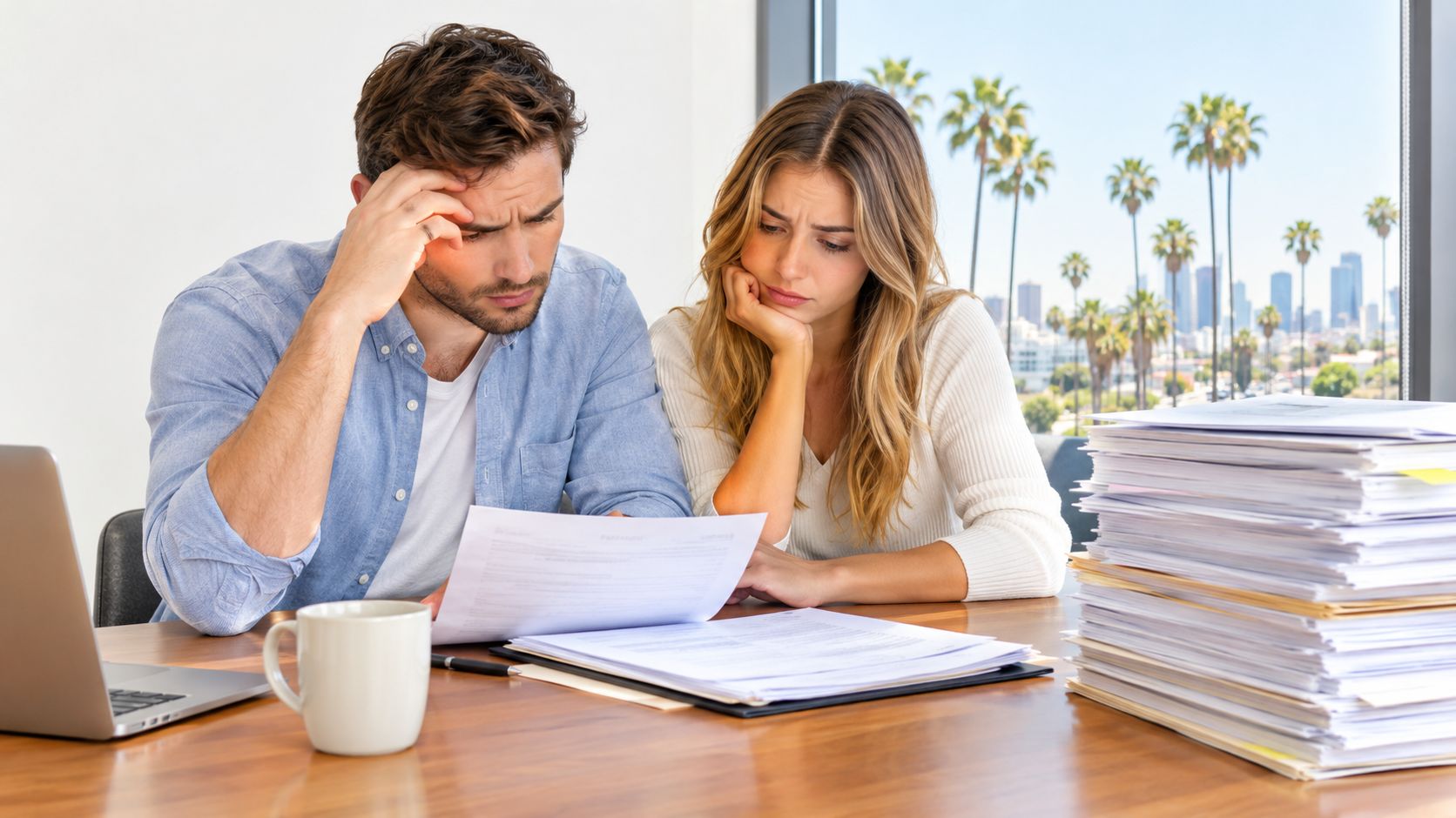A worried couple sitting at a desk reviewing financial documents with a large stack of paperwork nearby.