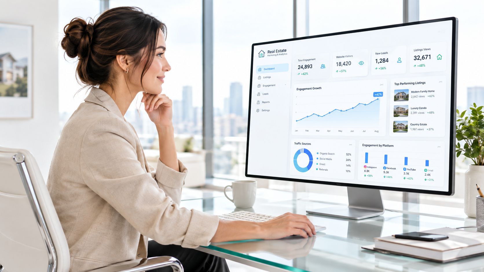 A professional woman viewing real estate marketing analytics and performance data on a large computer monitor screen.