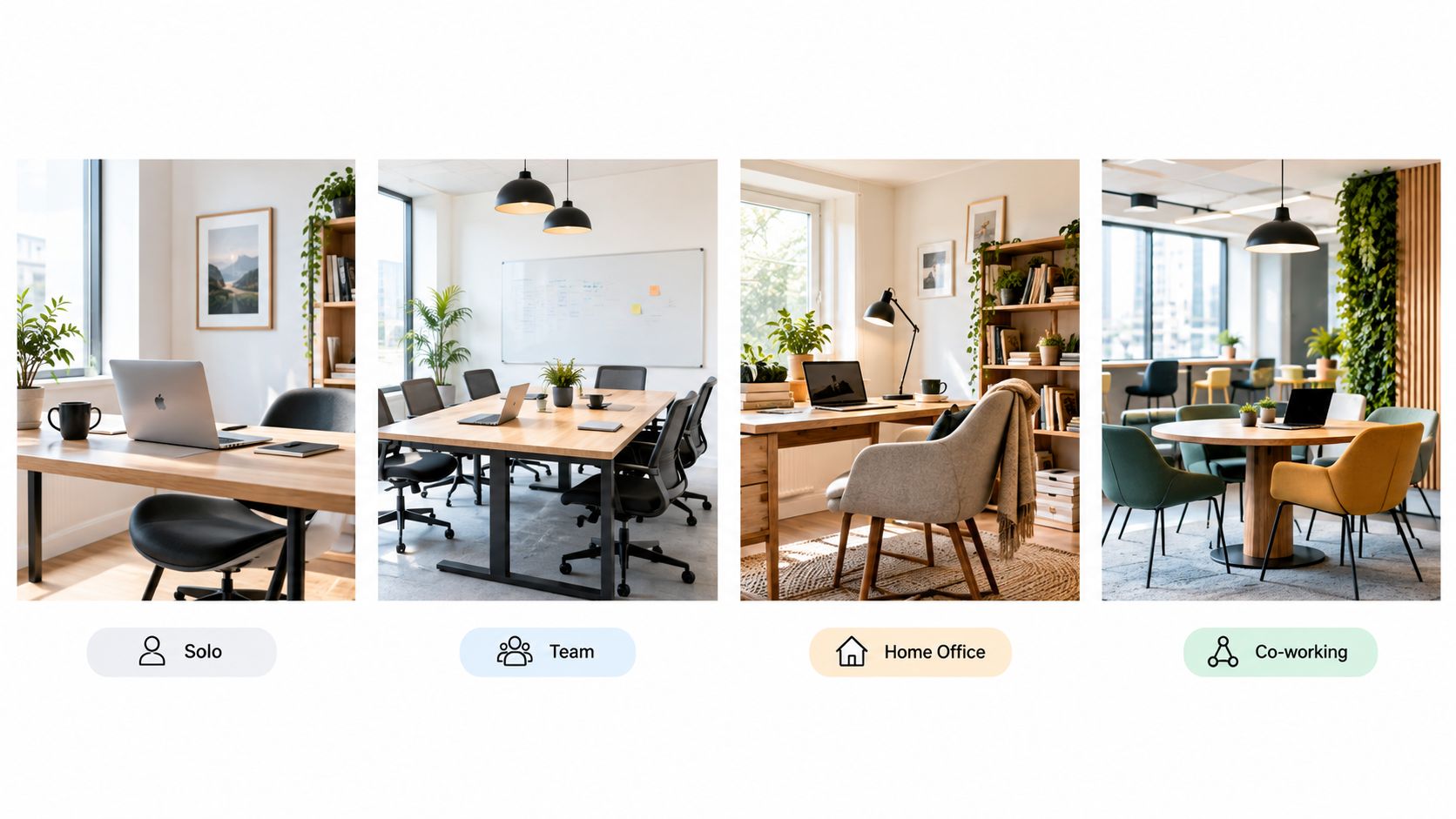 Four different office workspace settings including solo, team, home office, and co-working spaces for professional environments.