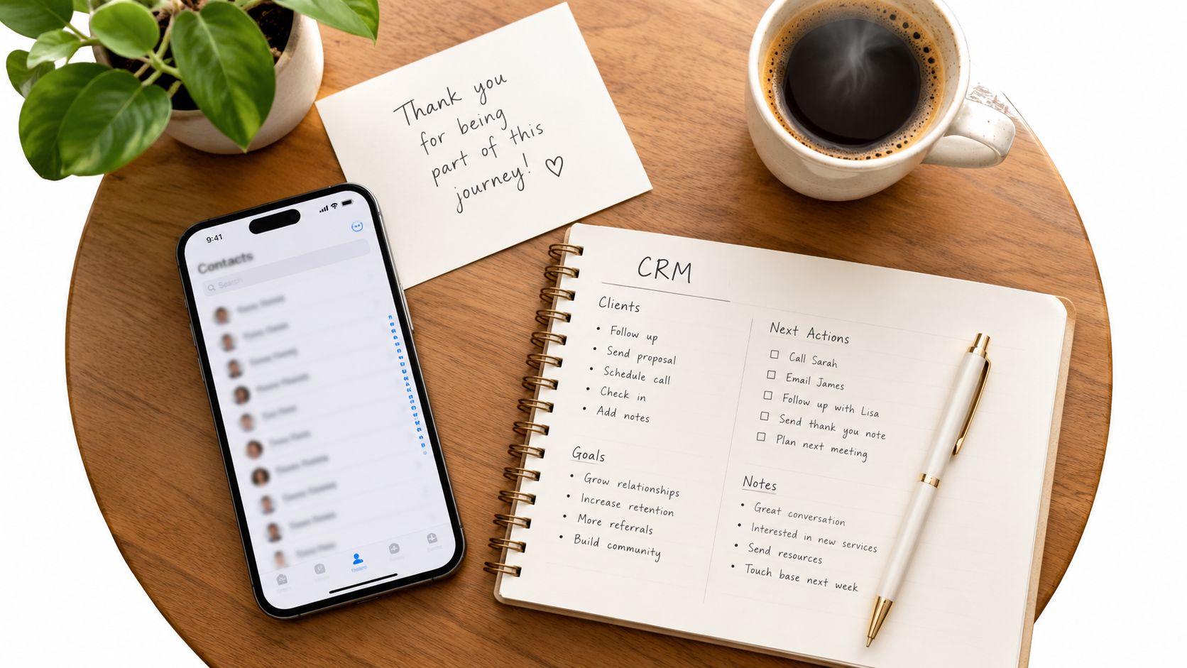 A professional desk workspace featuring a smartphone, a CRM notebook, a cup of coffee, and a plant.