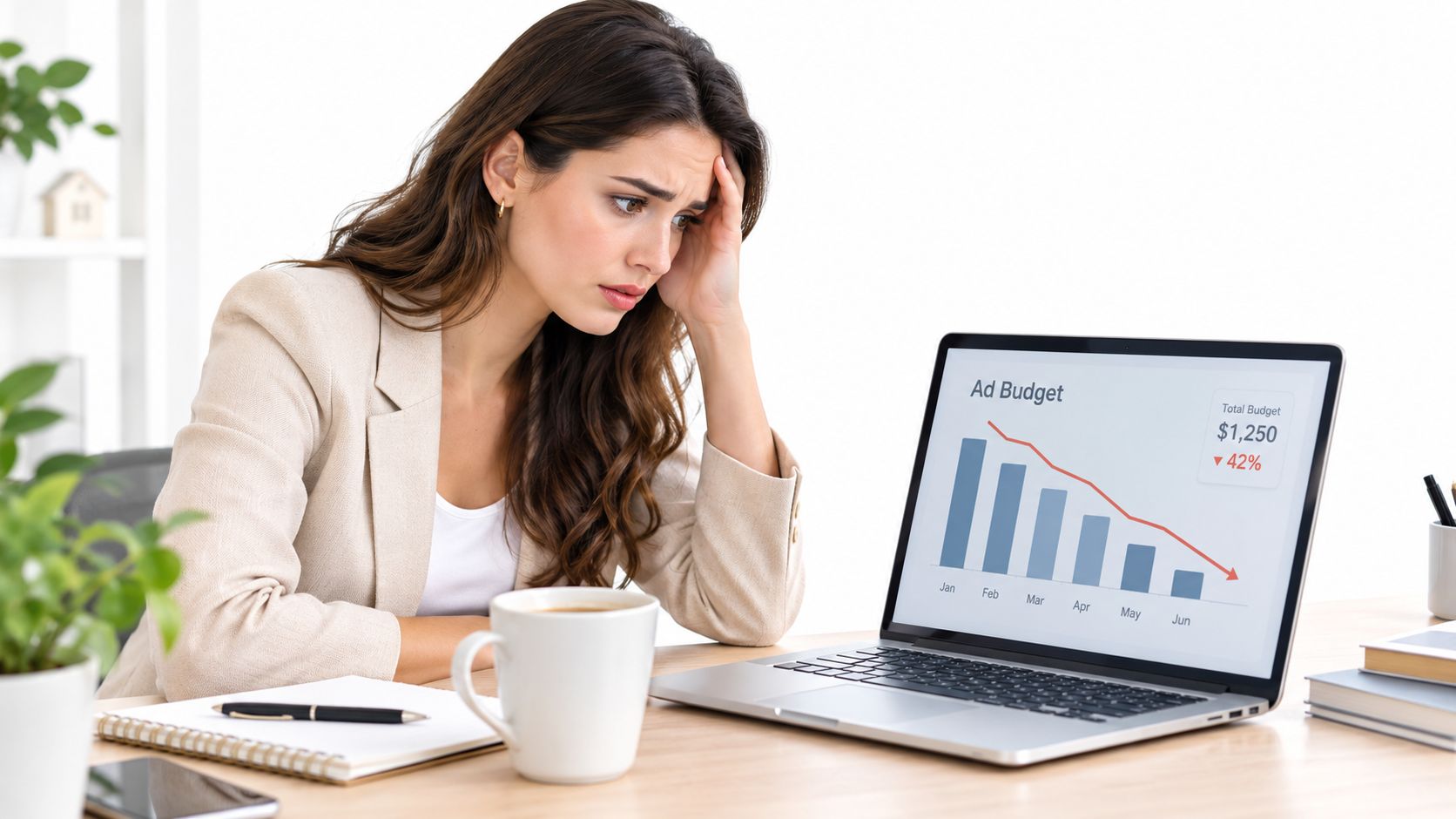 A concerned businesswoman looking at a laptop screen displaying a decreasing advertising budget chart in an office.
