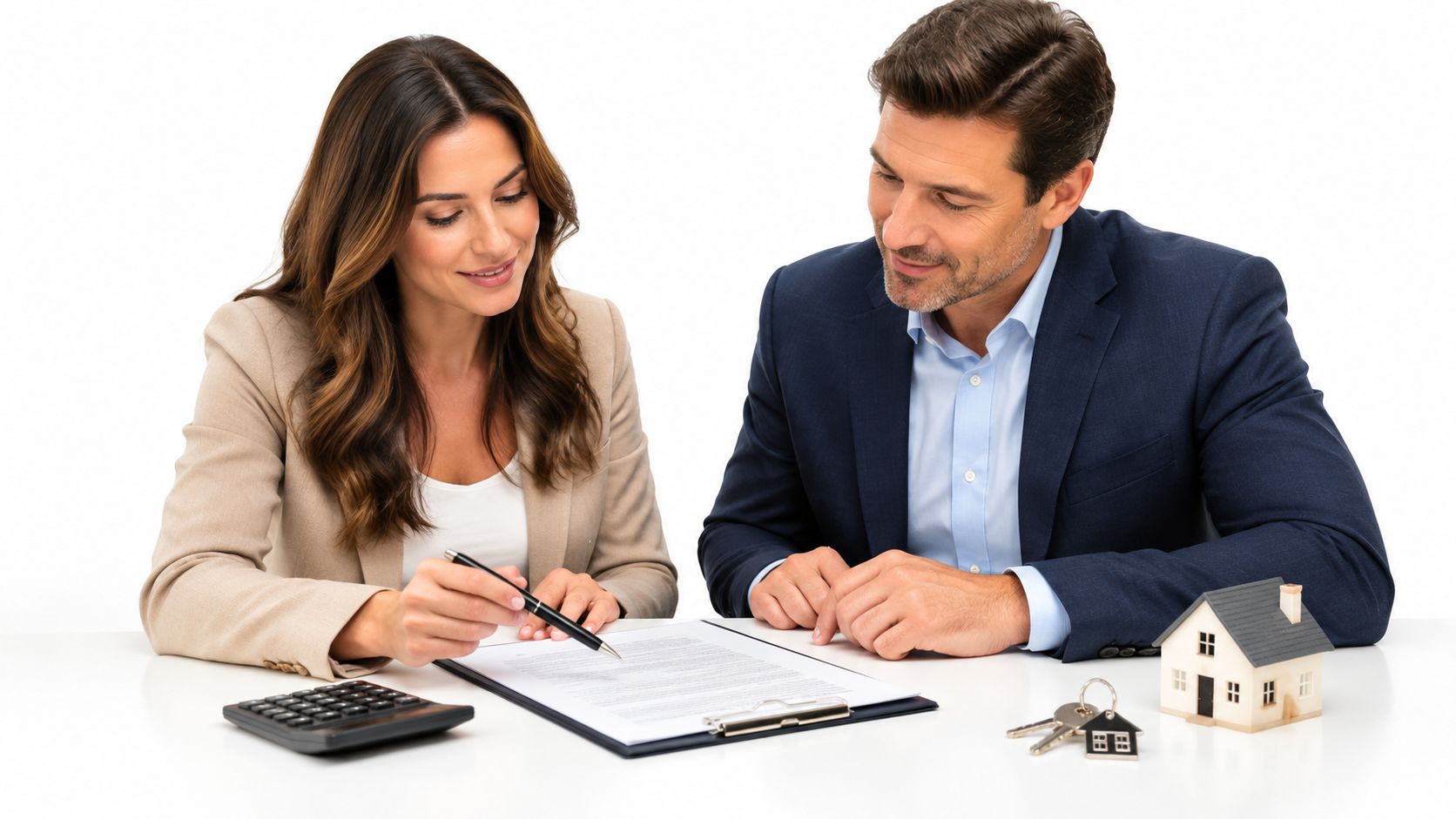 A professional real estate agent explains a contract to a client during a home buying consultation.