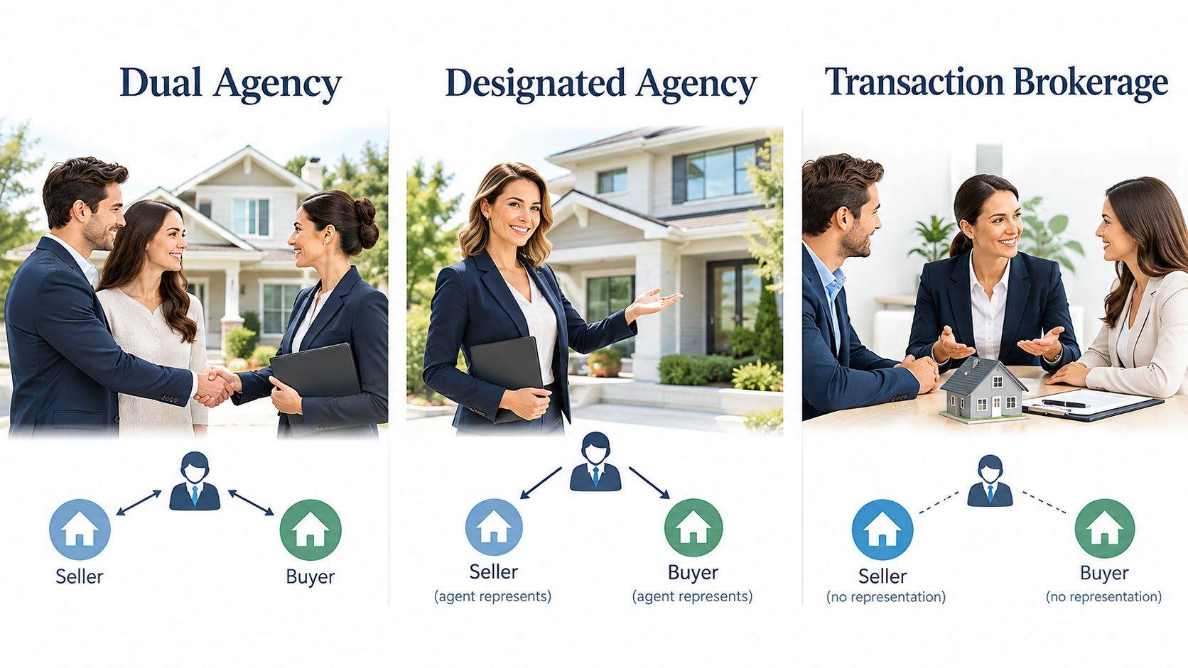 An infographic showing the differences between dual agency, designated agency, and transaction brokerage in real estate.