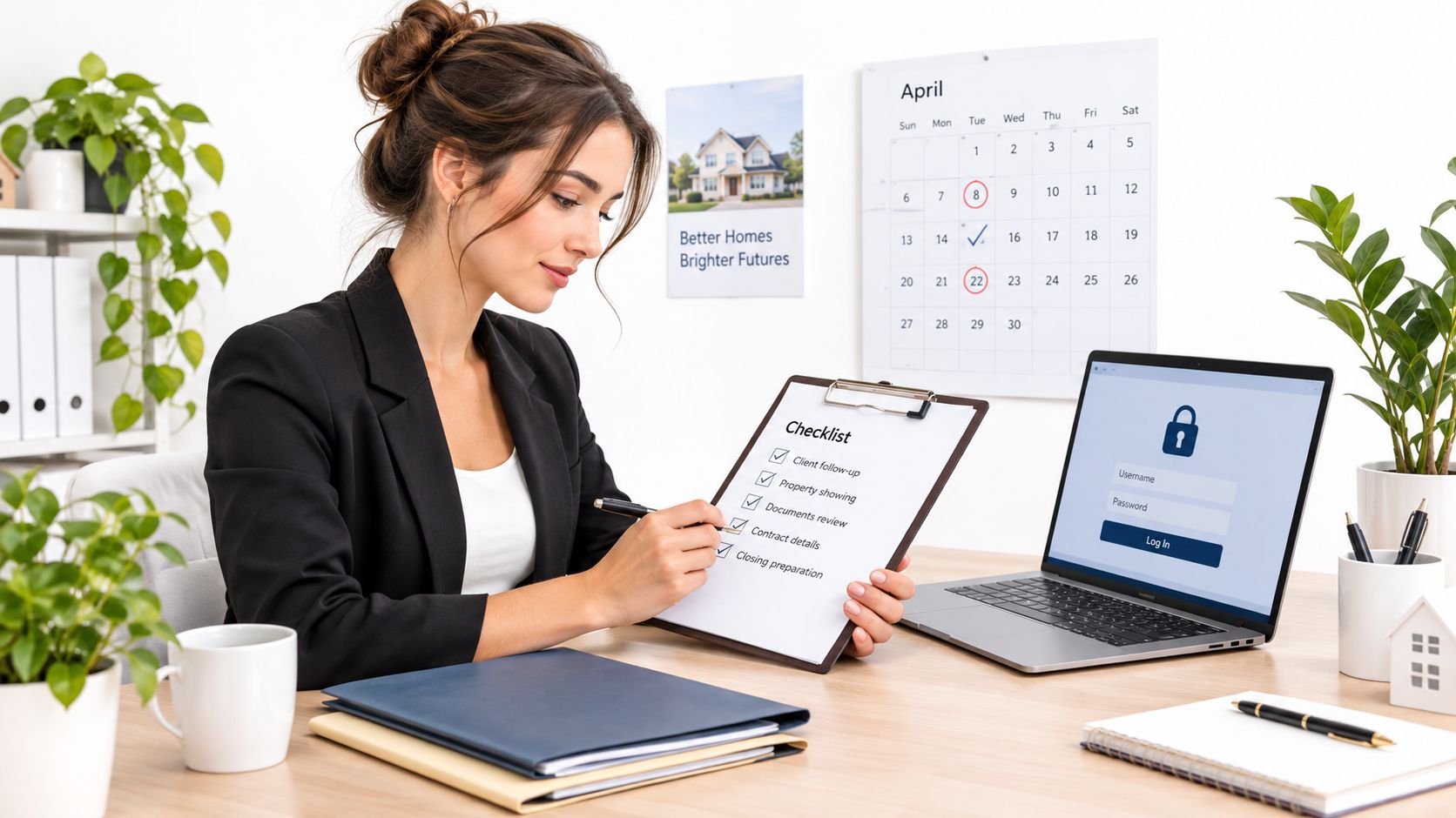 A professional real estate agent reviewing a client checklist at her organized office desk with a laptop.