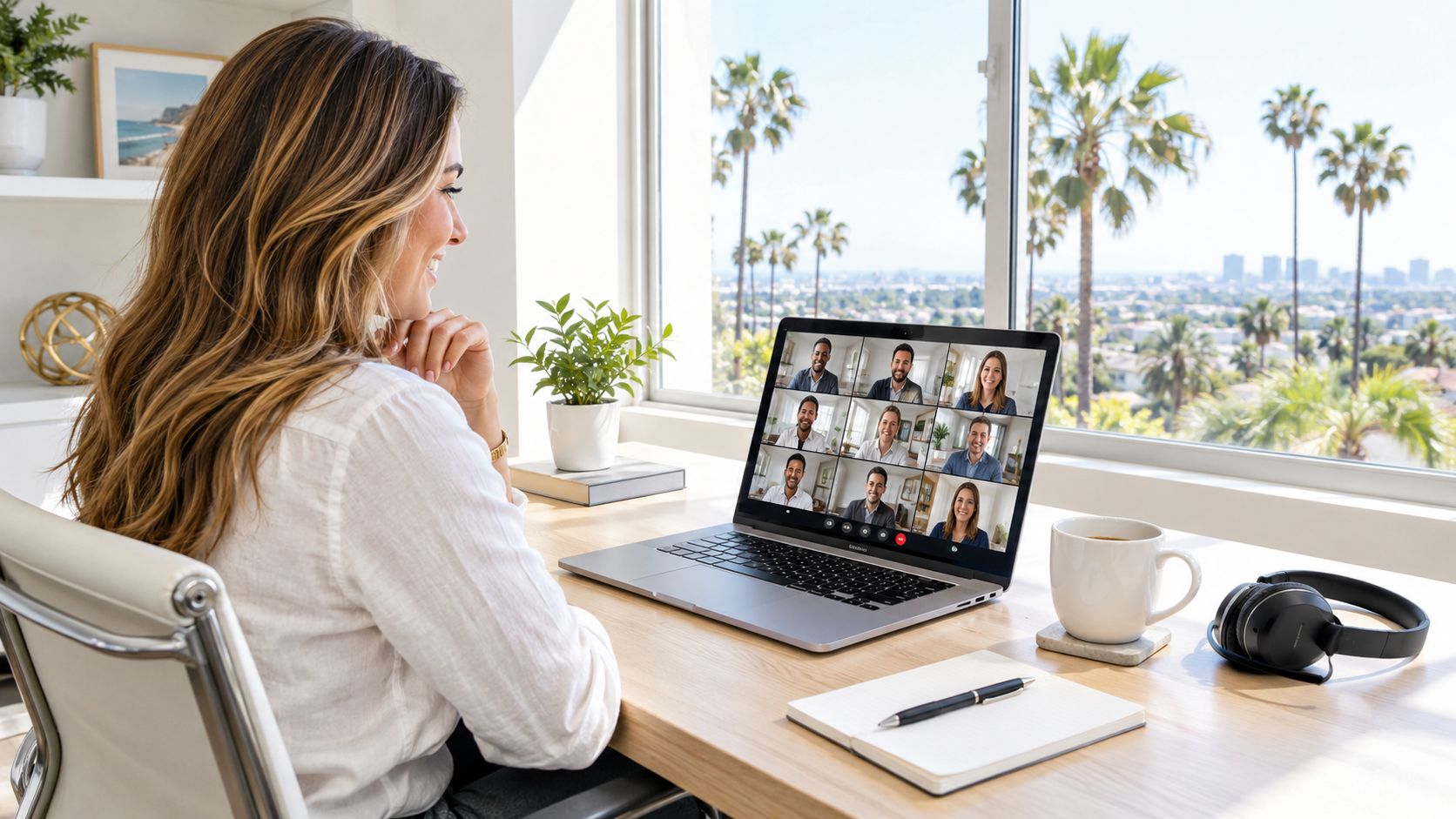 A professional woman participating in a video conference on her laptop with a scenic California view.
