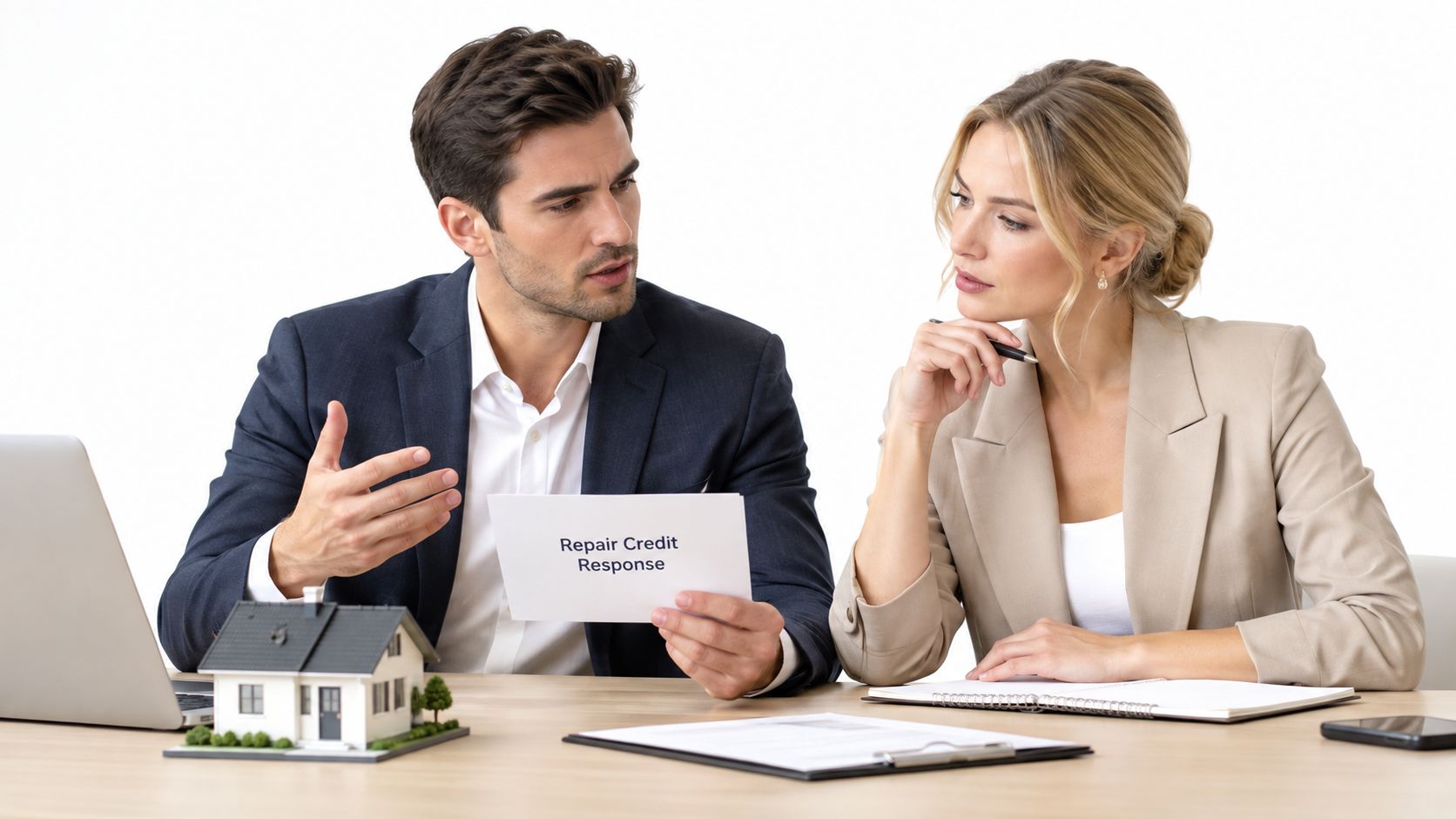 A professional man and woman in business attire discussing real estate documents at an office desk.