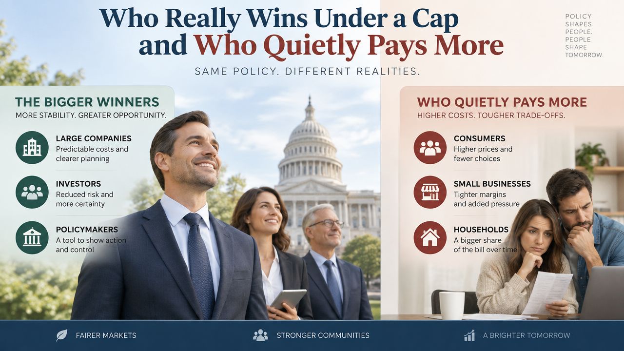 An infographic contrasting the economic impacts of policies, showing winners like corporations and losers like households.