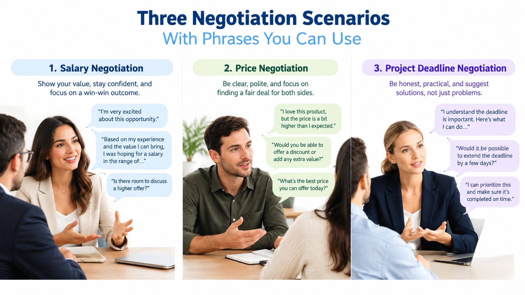 A professional infographic illustrating three common negotiation scenarios with specific phrases for salary, price, and deadlines.