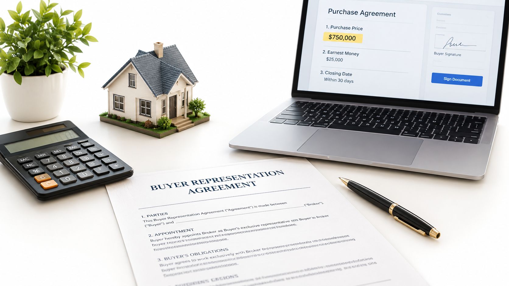 A professional real estate workspace featuring a contract, laptop, calculator, and a model house on a desk.