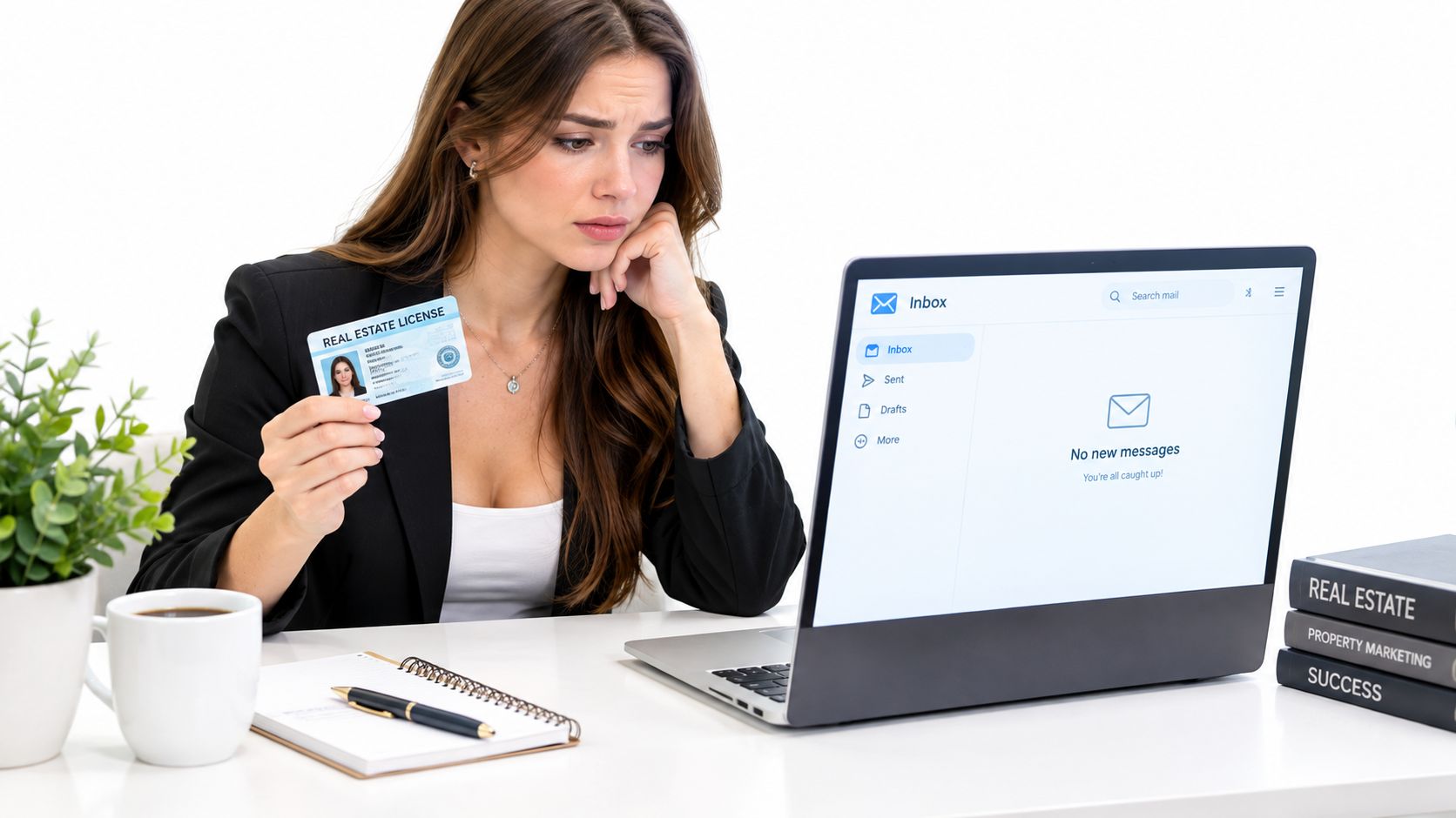 A concerned female real estate agent holding her license while looking at an empty laptop inbox.